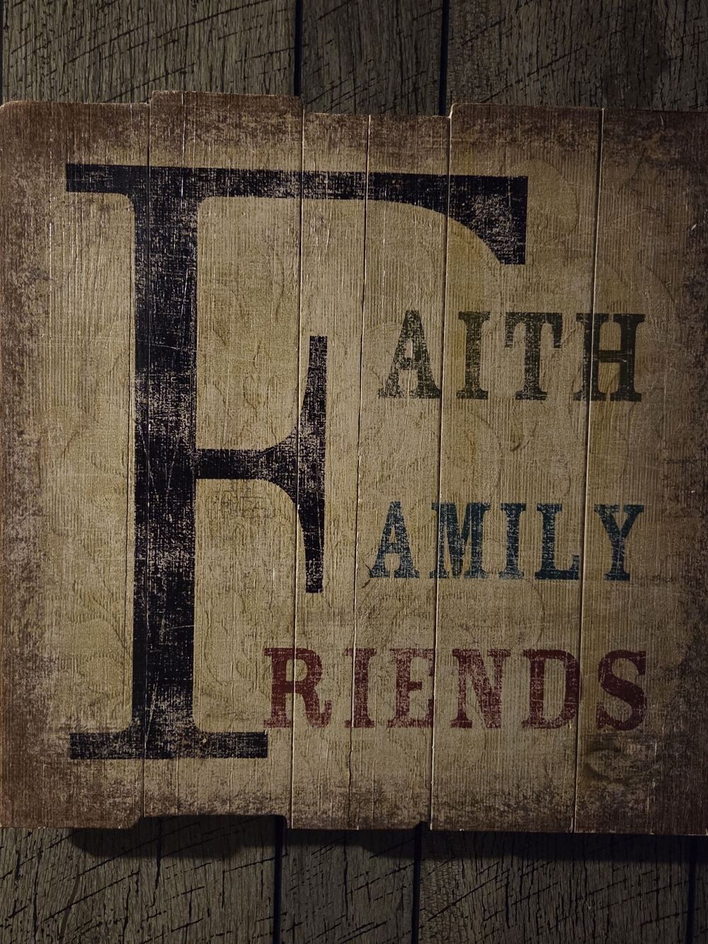 Faith Family Friends Rustic Wall Art Sign in Beige, Black, Blue & Red